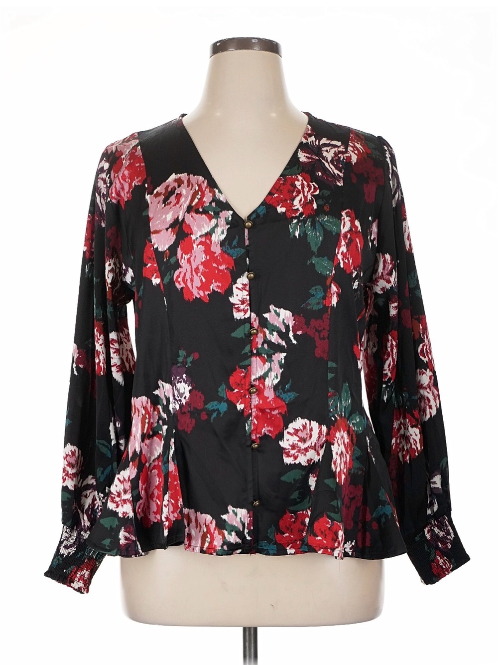 Maurices Black Floral V-Neck Button-Down Blouse with Red & Pink Blooms